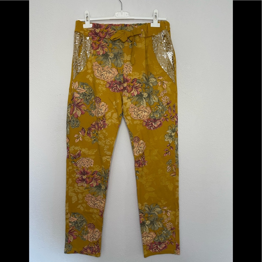 New, Made in Italy Floral Sequin Pocket Trouser Mustard